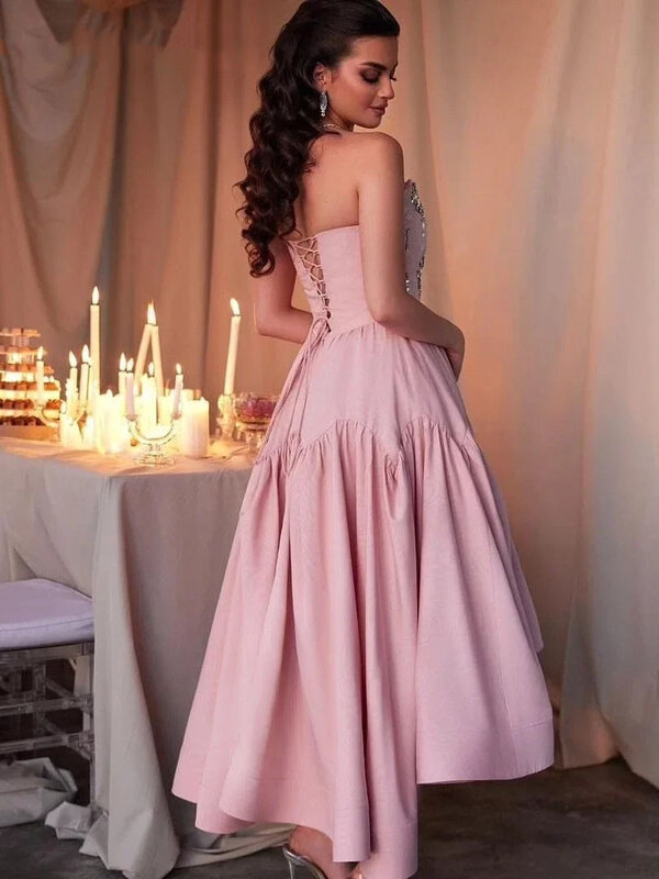 Evening Elegant Vintage Crystal Beaded Ruffle Sweet Princess Pink Formal Occasion Prom Dress Evening Party GownsML-088