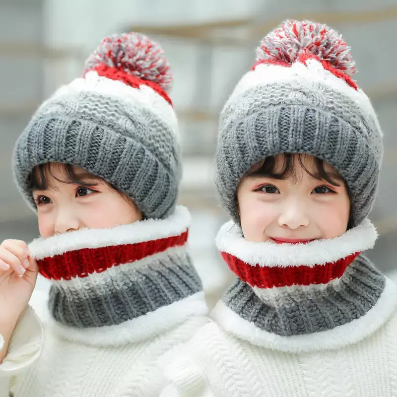 Gorros de bolas de lã tricotados para crianças, doce bonito e veludo, cachecol de chapéu grosso, versão coreana, tampas quentes para meninos e meninas, inverno