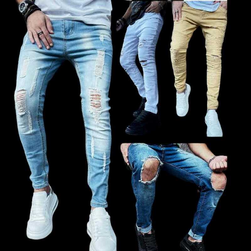 Pantalones vaqueros rasgados ajustados para hombre, Jeans informales elásticos de agujeros de rodilla, ajustados con agujeros, ropa de calle, varios estilos