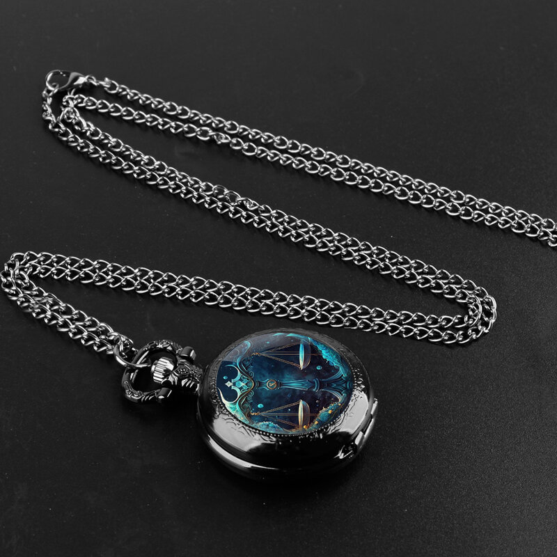 Libra jam tangan saku Quartz Vintage kubah kaca desain tanda bintang pria wanita liontin kalung rantai jimat jam hadiah perhiasan