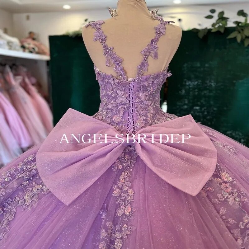 Angelsbridep Shiny Light Purple Ball Gown Sweet 16 Quinceanera Dresses With Appliques Lace Up Tull Princess Brithday Party Gowns