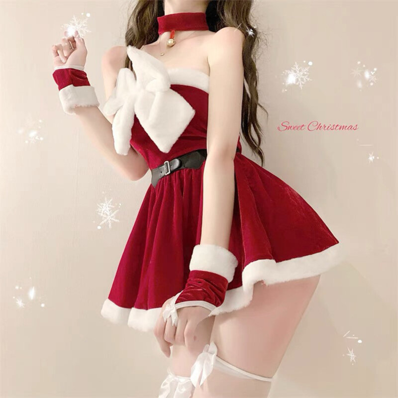 Vestido de Navidad de franela con lazo rojo para mujer, disfraz de Cosplay de Papá Noel, fiesta navideña, disfraz Kawaii