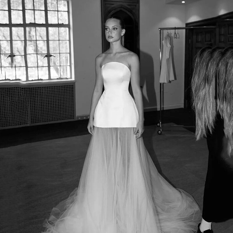 Элегантные платья для невесты 2024, без бретелек, трапециевидная атласная модель, длинное женское платье для невесты, официальное платье для невесты