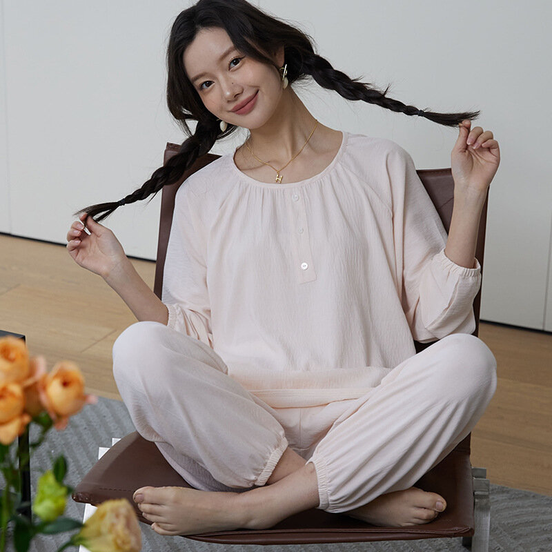 Conjunto de pijama informal de manga larga para mujer, ropa de dormir con cuello redondo, Color caramelo, para primavera y otoño, nuevo