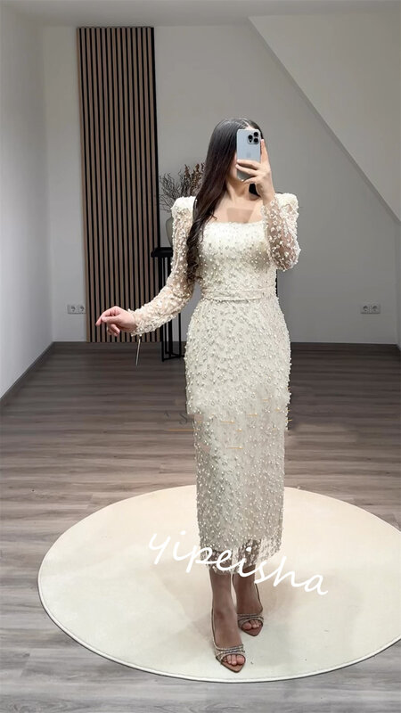 Prom Dress Evening Jersey Beading Party A-line Square Neck Bespoke Occasion Gown Midi Dresses Saudi Arabia