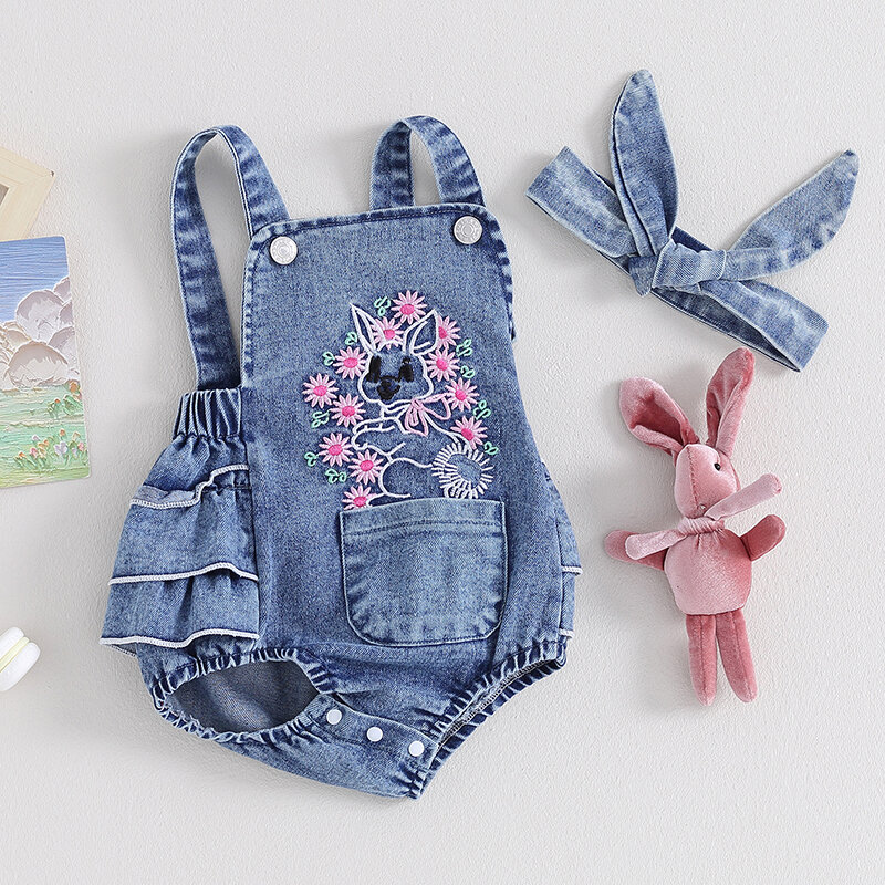 Baby Girl Denim Romper Easter Flower Rabbit Embroidery Sleeveless Straps Bodysuits Clothes Jumpsuits with Headband
