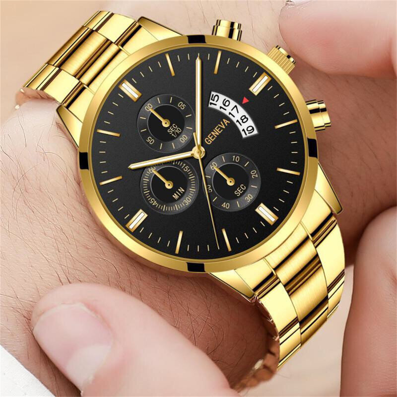 Jam tangan bisnis laki-laki, arloji Stainless Steel kalender Quartz warna emas kasual untuk lelaki
