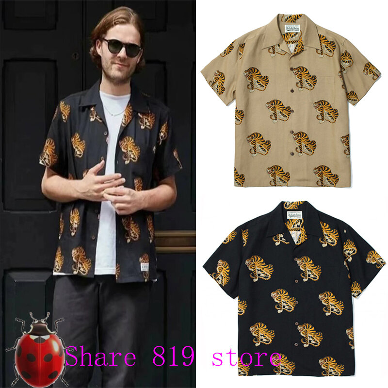 2024 Y2k Arched Waist Tiger Print Shirt Men Women High Quality Black Khaki Streetwear Casual Short Sleeve Hawaii