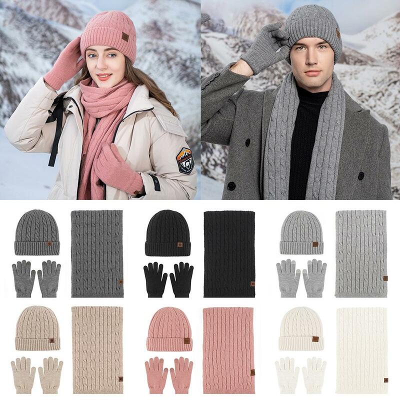 Conjunto de guantes y gorros cálidos 3 en 1 para hombre y mujer, bufanda de punto larga y suave, informal, a la moda, Invierno
