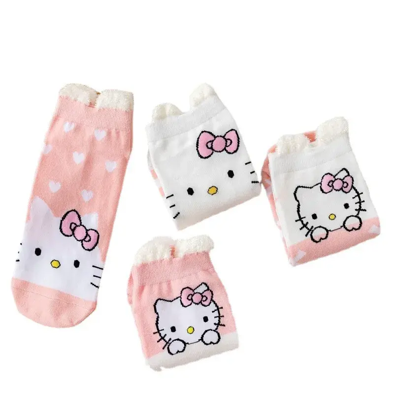 Hello Kitty Cartoon Chaussettes imprimées pour filles, oreilles de chat KT roses, chaussette en coton pour femme, chaussette bateau, chat mignon, bouche peu profonde