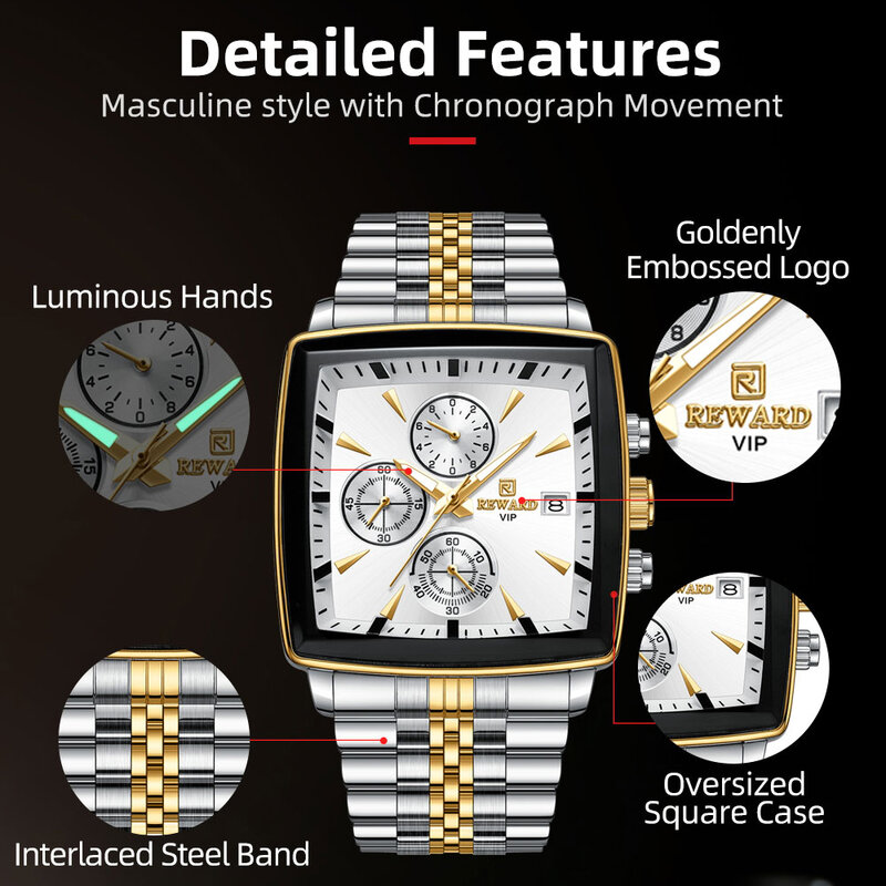 REWARD – montres rectangles à Quartz pour hommes, montre-bracelet de luxe Business, horloge mains lumineuses, étanche