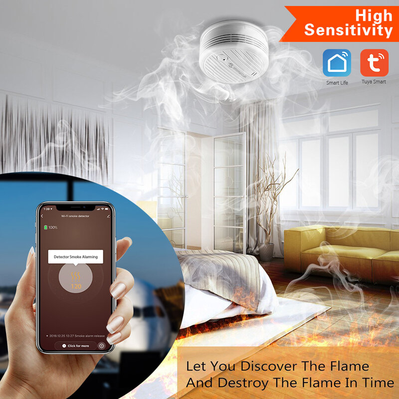 Detector de humo inteligente con Wifi, Sensor de alarma de incendios, sistema de seguridad inalámbrico, Control por aplicación Smart Life, Tuya, Smart Home