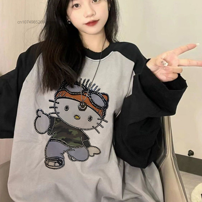 Hello Kitty Diamond Long Sleeve Tee Women's Y2k Hip Hop Street Spicy Girls T-shirt Tops American Retro New Loose Casual Clothes