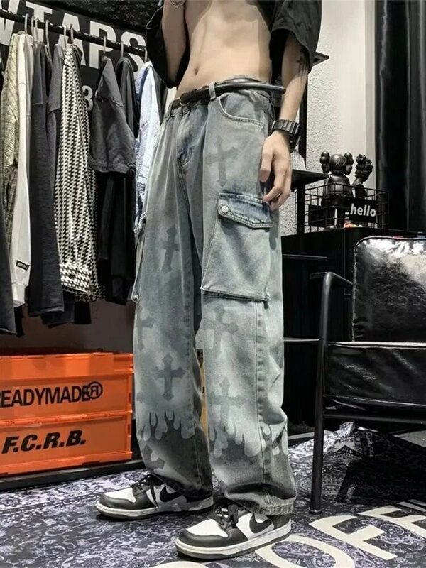 Jeans gótico punk com estampa cruzada feminina, calças cargo, calça hip hop, macacão estilo vibe americano, moda de rua alta, Ins