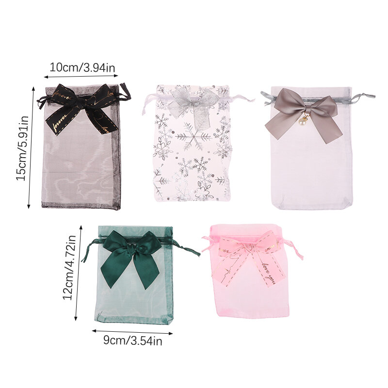 Bowknot Mesh Bag com bolsos de cordão, transparente Pearl Yarn Storage Bag, Cosmetic Jewelry Pouch, Gift Packaging Bag, 2pcs