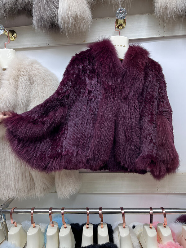 Mulheres casacos de morcegos de malha natural pele de coelho, jaquetas de pele de raposa real, roupas de luxo, novo, 2024
