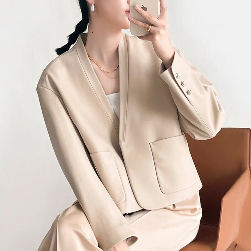Mantel kulit asli wanita, jaket kulit asli versi Korea ramping musim gugur/musim dingin 2023