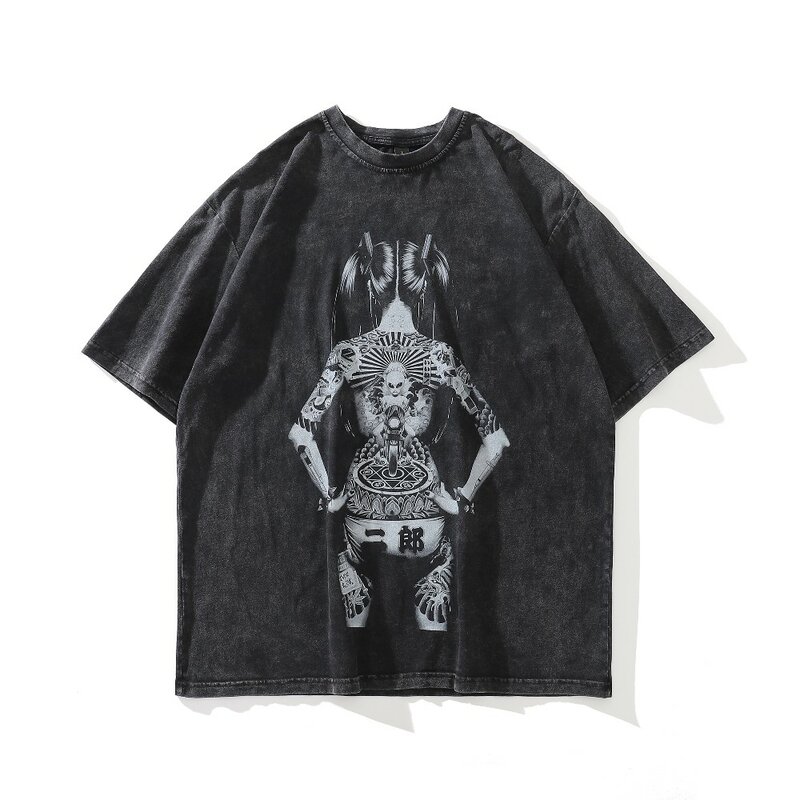 Camiseta de manga corta con estampado de diablo para hombre y mujer, ropa de calle desgastada, de talla grande, gótica, de verano
