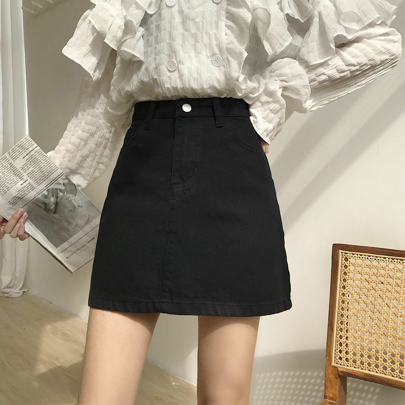 Coreano denim saia curta para as meninas, cintura alta, magro, linha a, meia saia, saia hip, novo, primavera/verão