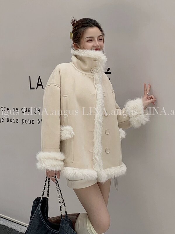 Miiiix Suede Patchwork Faux Fur Integrated Design Sense Spicy Girl Temperament Foreign Style Imitation Coat Female Clothing