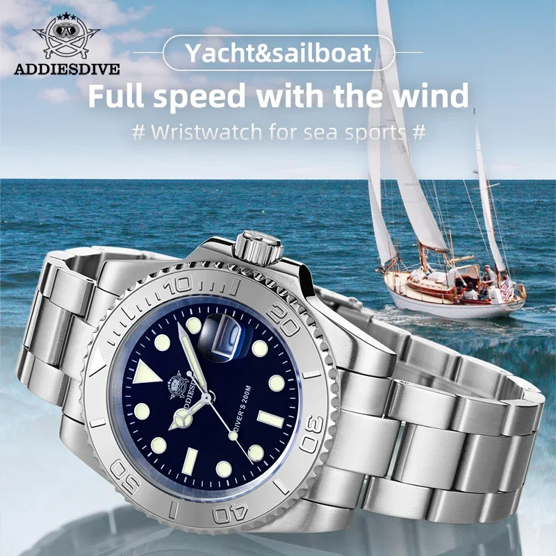 ADDIESDIVE Fashion Mens Quartz Watches Business Stainless Steel 200m Diving Watch Sport Luminous Wristwatch for Man Reloj Hombre
