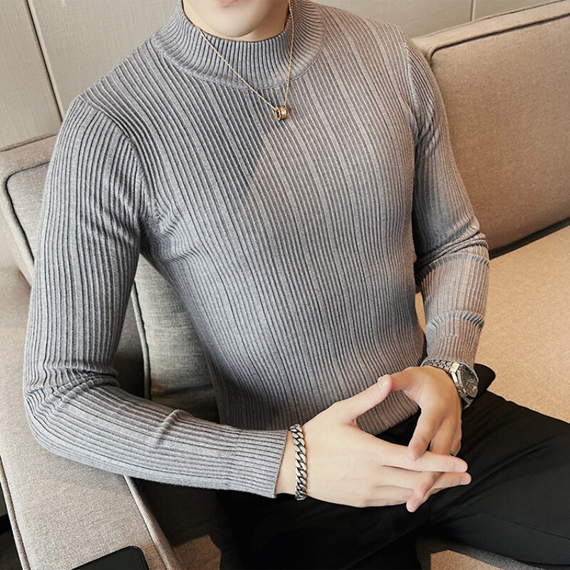 Moda meia alta pescoço listra vertical tricô suéteres homens de alta qualidade ajuste fino outono nova cor pura quente casual pullovers