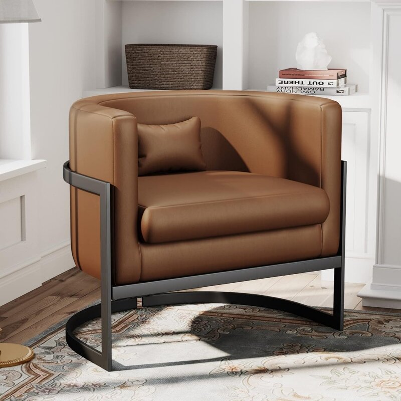 Brązowe krzesło z akcentem ze sztucznej skóry Nowoczesny fotel tapicerowany do salonu Sypialnia Pojedyncza sofa Krzesło Klubowe krzesła boczne