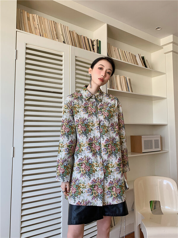 CHEERART Kaus Kebesaran Bunga Jacquard Vintage untuk Wanita Kemeja Longgar Kerah Kancing Atas Lengan Panjang Baju Desainer Fashion