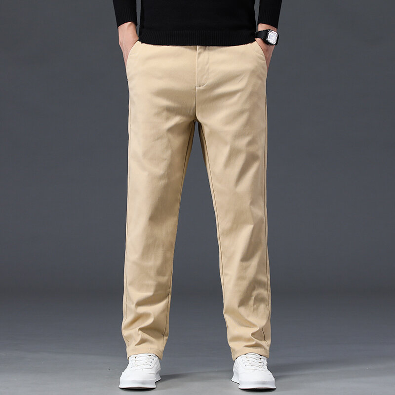 Autumn Winter Business Casual Pants Solid Color All-match Daily Men's Clothing Thick Straight Commute Fashion Zipper Trousers