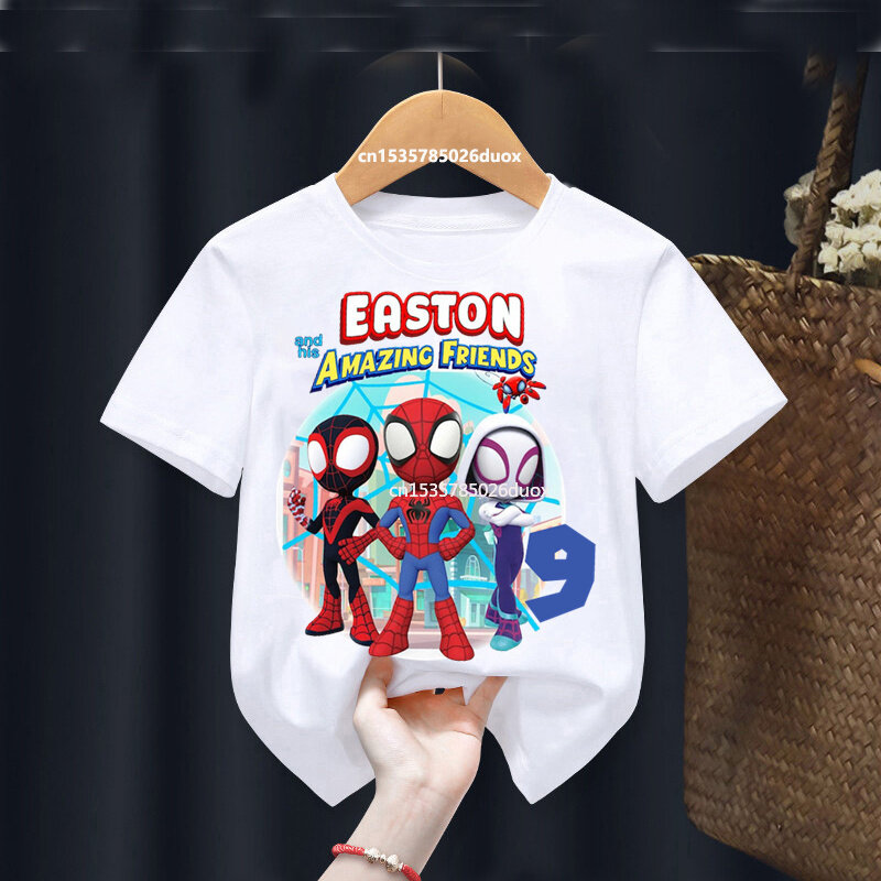 Spidey i jego niesamowici przyjaciele urodziny urodziny letni koszulka z krótkim rękawkiem Spiderman indywidualny nadruk imienia solenizant t-Shirt