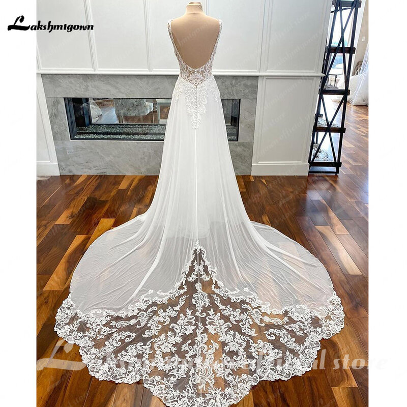 Luksusowa Civil szyfonowe suknie ślubne bez pleców Vintage ślubna Boho długie suknie ślubne koronkowe aplikacje V dekolt Vestido Boda