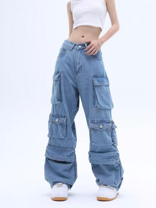 Pocket Solid Color Overalls Jeans Women's Y2K Street Retro Loose Wide-Leg Overalls Couple Casual Joker Mopping Jeans Pants Women