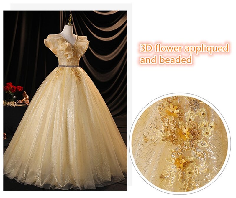 Glitter Pailletten Ballkleid Prom Kleid 3D Blume Appliqued Perlen Abendkleid Rüschen Kurzen Ärmeln Homecoming Robe De Mariée