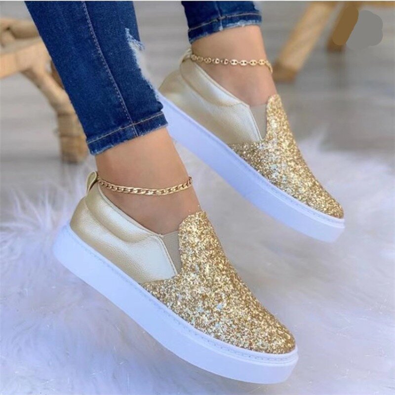 Sepatu kets kasual wanita 2024, sepatu Platform Slip-on sol tebal jahit bintang bersinar cantik berlian imitasi datar modis