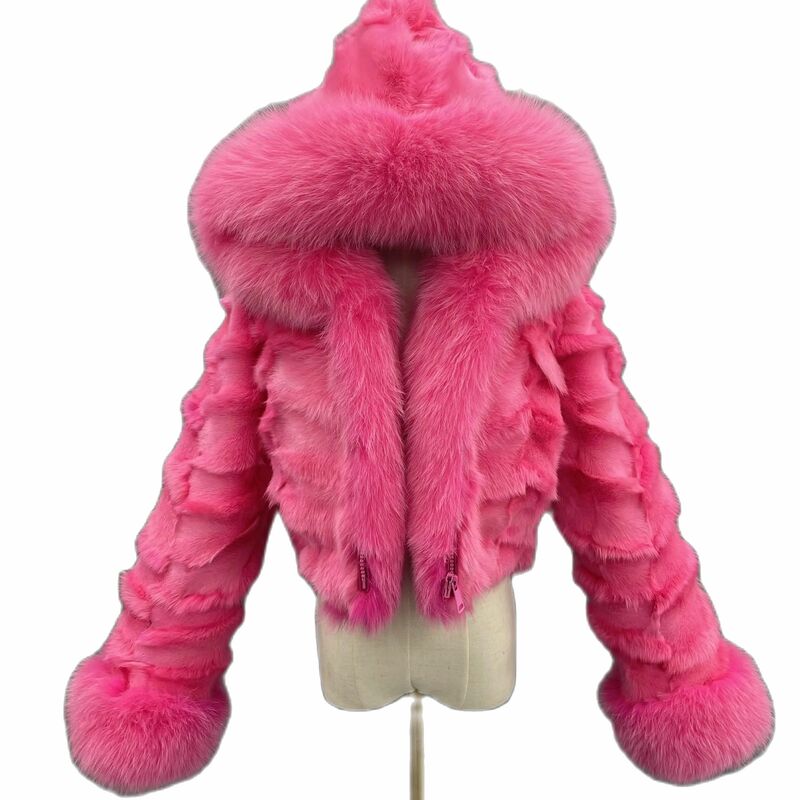 Janfur-フード付きの女性用ショート本物の毛皮のコート,天然キツネの毛皮のジャケット,ファッショナブルで豪華な冬,大きいサイズ,2023