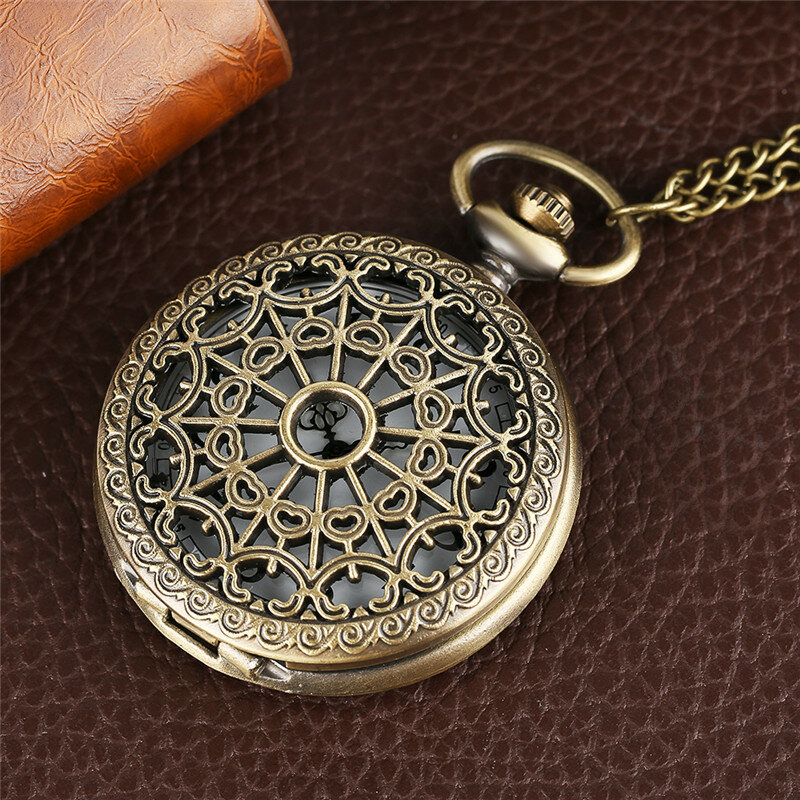 Vintage Bronze Spider Web Pocket Watch Steampunk Hollow-out Quartz Analog Clock for Men Women Pendant Necklace Chain Timepiece