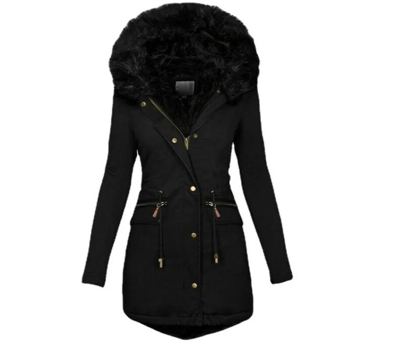 Jaket wanita, parka musim gugur dan musim dingin warna Solid kerah bulu berkerudung panjang menengah hangat jaket katun untuk wanita