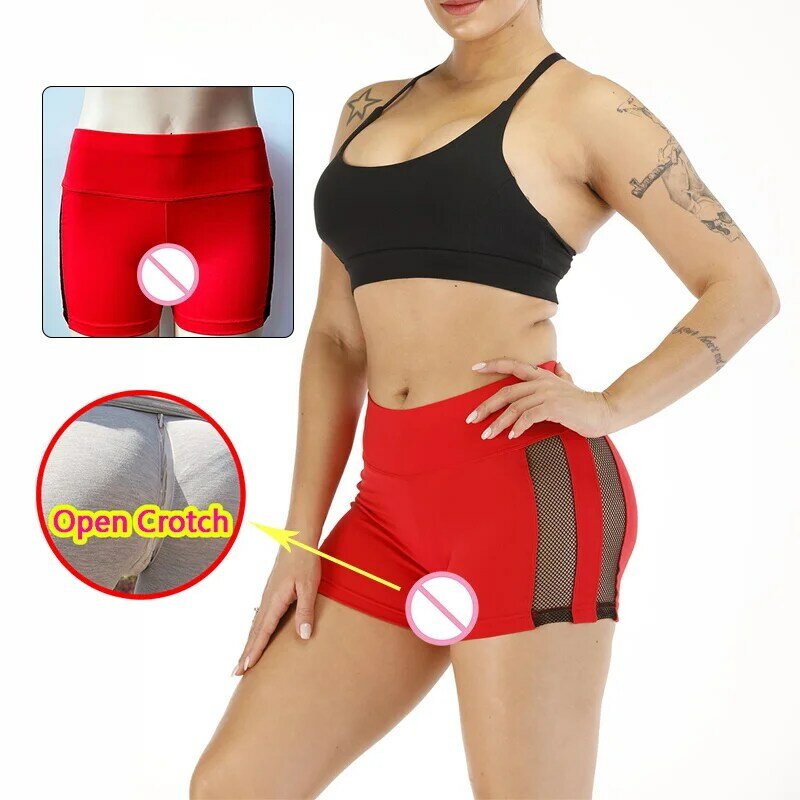 Woman Open Crotch Shorts Crotchless Mini Sexy Pants Leggings Double Zipper Fly Sport Mesh Clubwear Costume Seamless Outdoor Sex
