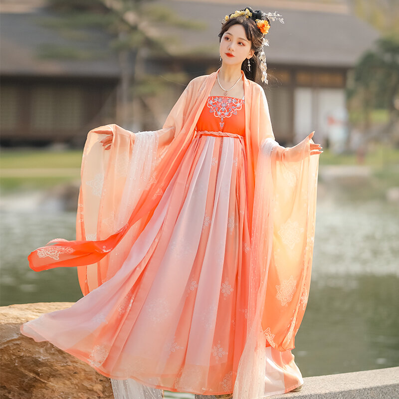 Hanfu فستان المرأة القديمة الصينية التقليدية التطريز فستان الأميرة امرأة الجنية تأثيري حلي تانغ دعوى الزي الطرف