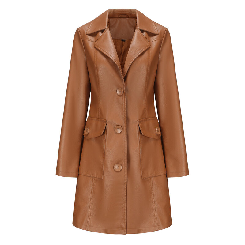 2024 neue lange Stil Ledermantel Frühling und Herbst Langarm Leder Wind jacke Mode britischen Mantel Damen Polo Kragen