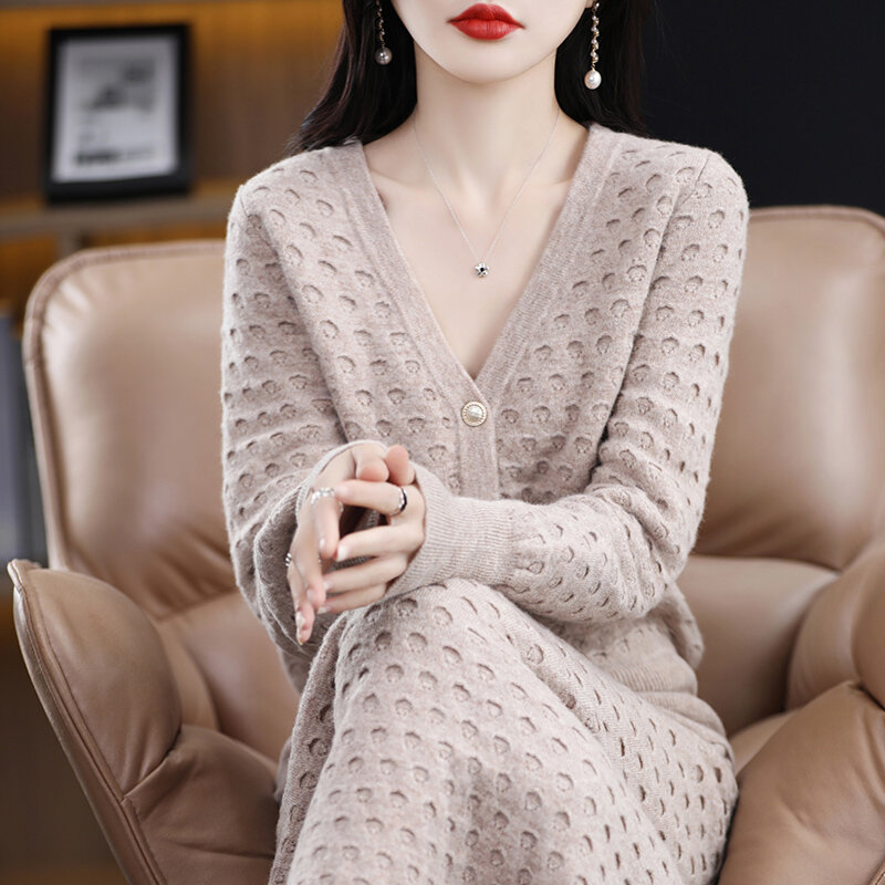 Spring And Autumn New Wool Suit Female V-neck Long-Sleeved Cardigan Sweater Coat Wool Two-Piece Skirt Loose Sweater