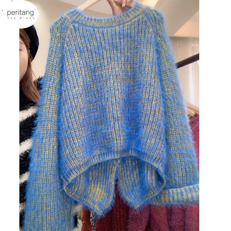 Женский мохеровый свитер, однотонный синий пуловер с круглым вырезом, новинка 2024, джемпер в стиле K-POP, вязаный Топ в стиле Харадзюку, свободные шикарные свитера с разрезом