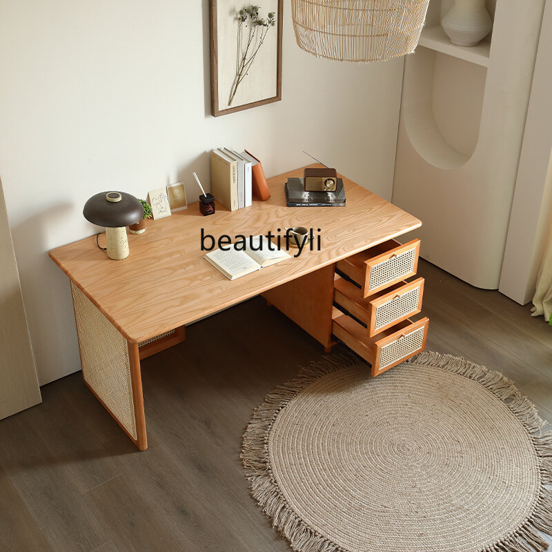 Solid Wood Desk Bedroom Rattan Home Writing Desk Small Apartment Nordic Simple Drawer Locker Computer Table
