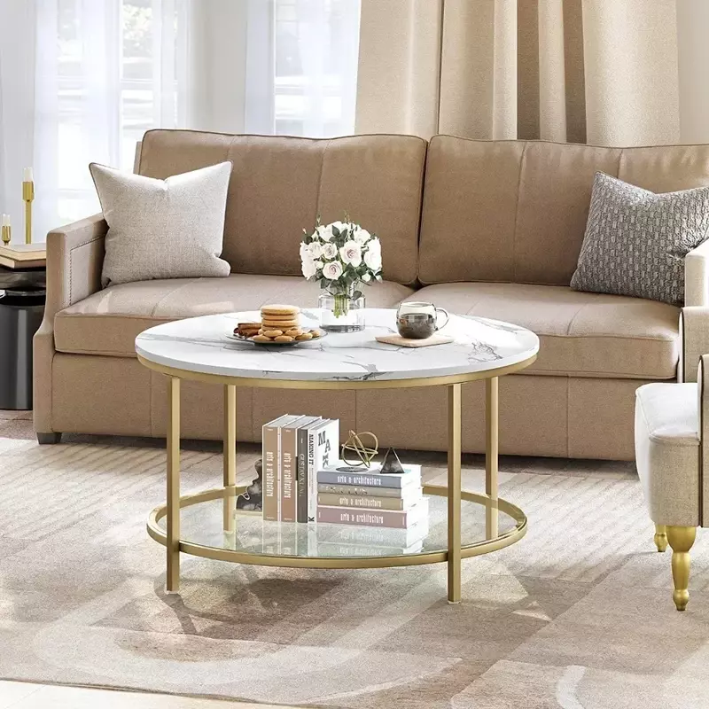 Mesa redonda com prateleira de vidro aberta, mesa de café de 2 camadas, mármore central, branco e dourado