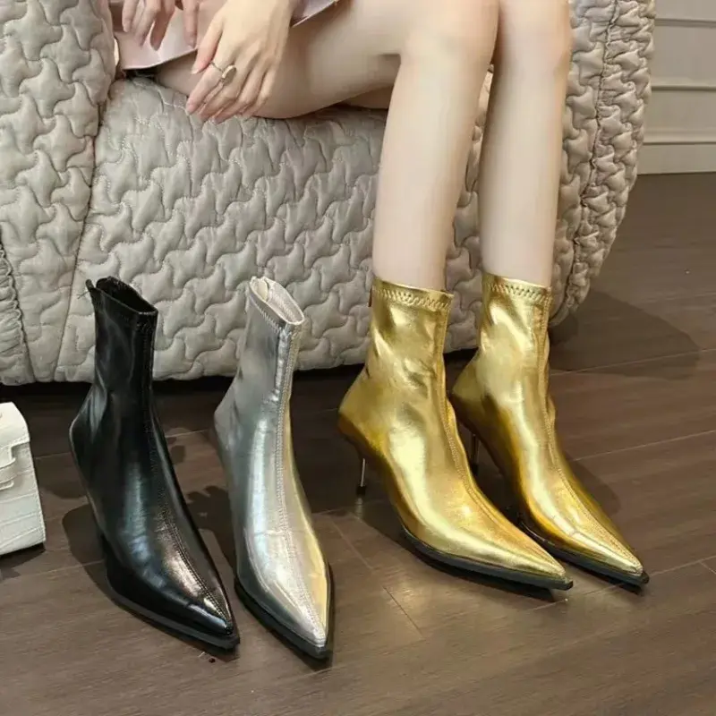 女性の足首の長さのブーツ,快適な柔らかい靴,短いデザイナーのブーツ,ローヒール,ゴールドとシルバー,春秋