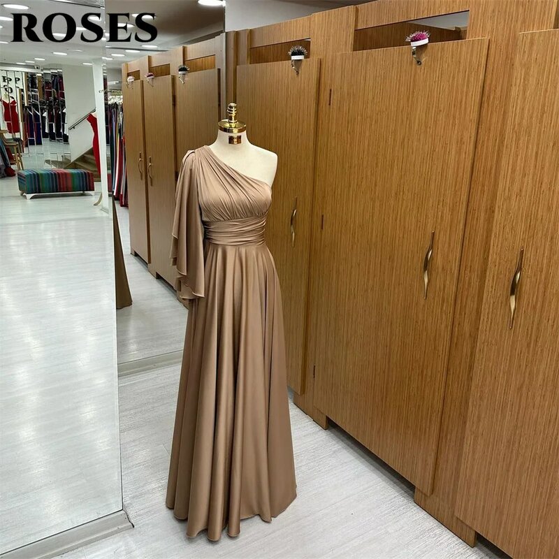 ROSES 원 숄더 플리츠 이브닝 드레스, 초콜릿 무도회 드레스, 얼룩 해변, 여성 파티 드레스, 바닥 길이