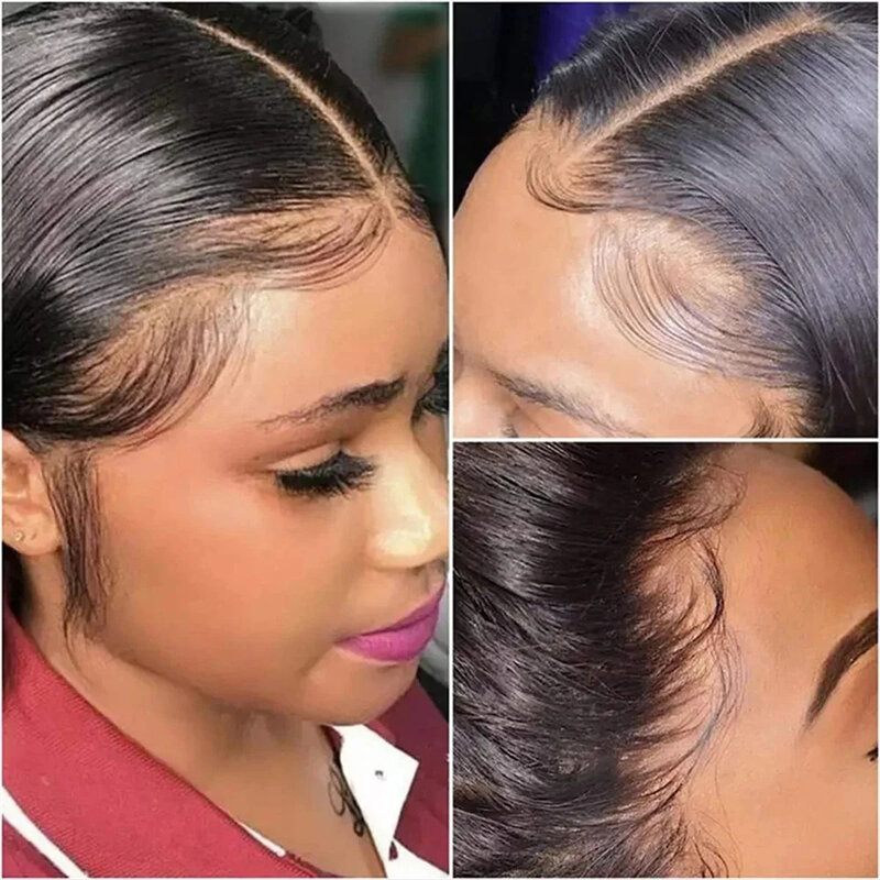 Peluca de cabello humano liso para mujer, postizo de encaje frontal 13x6, pelo brasileño predespuntado con densidad de 150%, color negro