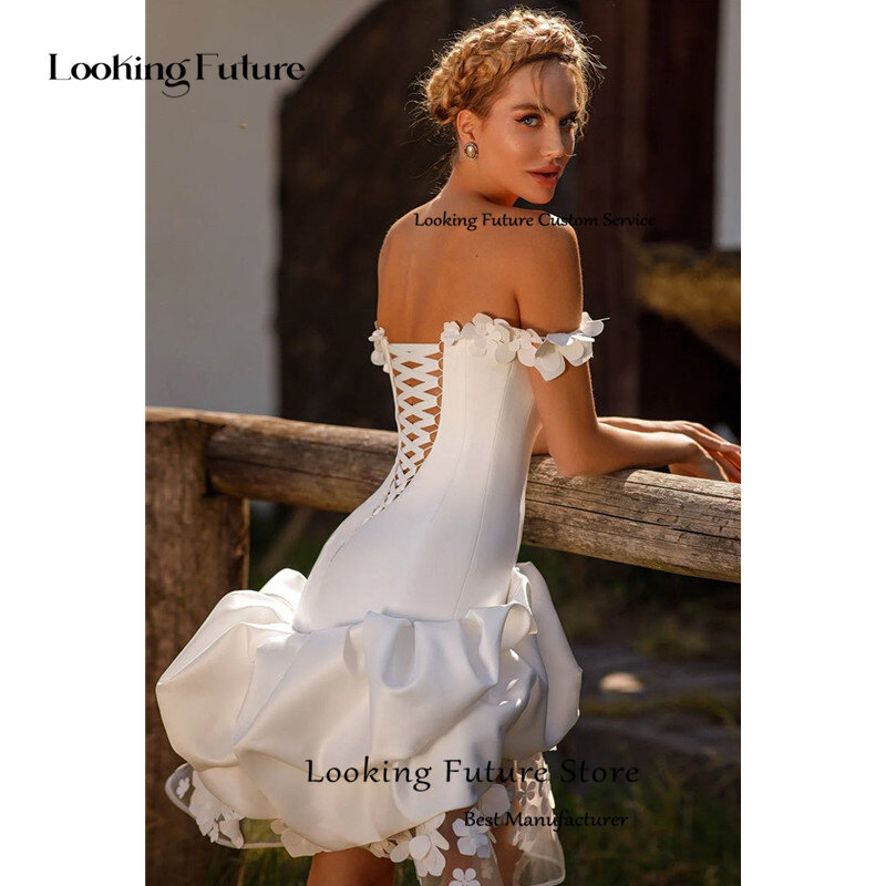 Mini vestido de noiva vintage sereia cetim, Vestido de noiva sem costas, Lace Up, Plissado acima do joelho, Querida, Flores, Sexy, 2024