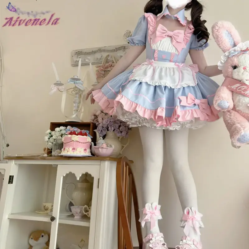 Sweet Japanese Maid Lolita OP Dress Loli Dresses Female Soft Girls Bow Ruffle Cosplay Women Dress AFC2645