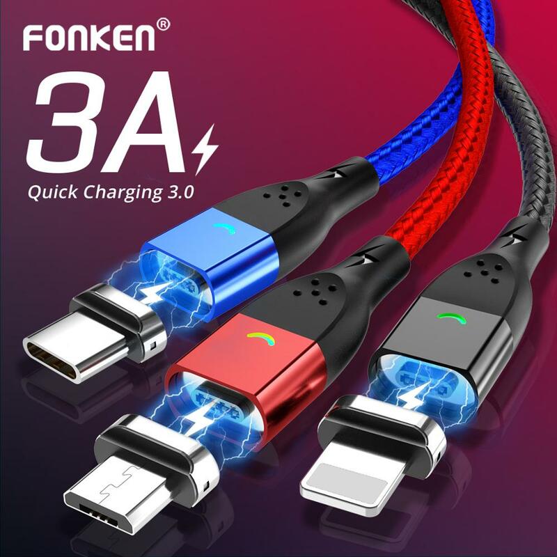 FONKEN-Micro USB Tipo C Cabo de carregamento magnético, carregador para iPhone, Samsung, Huawei, Xiaomi, Carregamento Rápido
